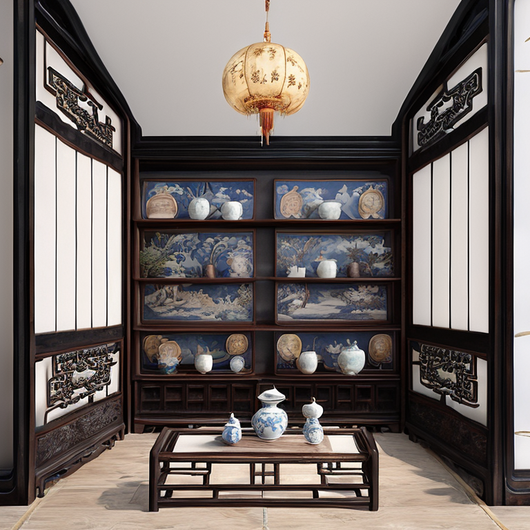 08825-3145341932-The exhibition hall of Chinese classical home furnishings features a pair of antique bookshelves with Ming and Qing porcelain on